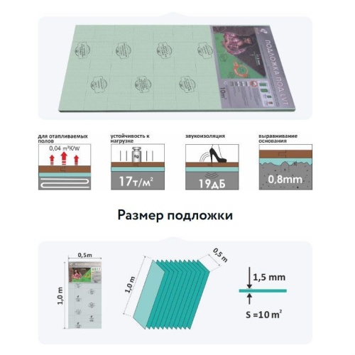 Подложка под ламинат листовая под LVT покрытия зеленая 1050х500х1,5 (20шт/10,5м2)